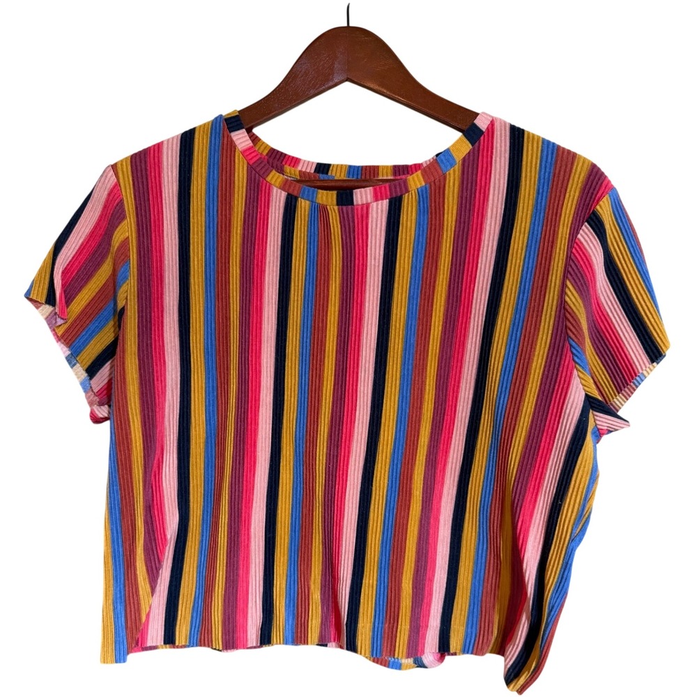 Wild Fable Womens XXL Ribbed Knit Vertical Stripe Crop Top Pink Blue Yellow